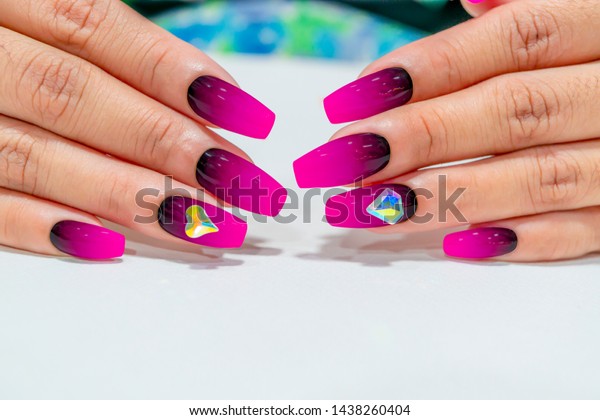 Beautiful Long Acrylic Extension Nail Coffin Stock Photo