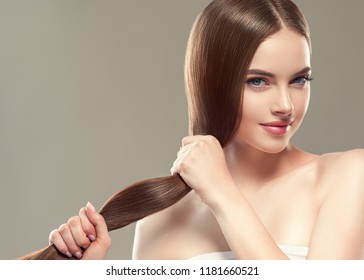Beautiful long hair brunette woman with beauty hairstyle female model - Shutterstock ID 1181660521