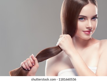 Beautiful long hair brunette woman with beauty hairstyle female model - Shutterstock ID 1181660536