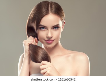 Beautiful long hair brunette woman with beauty hairstyle female model - Shutterstock ID 1181660542