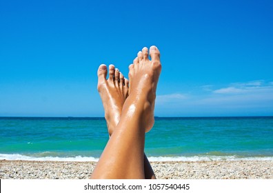 Woman Tanned Legs On Sand Beach Stock Photo (Edit Now) 1509573719