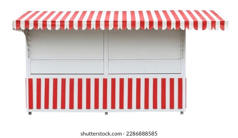 Beautiful long market stand stall with red white striped awning isolated on white background. New selling object on the street outdoor sell. Retail business concept. 