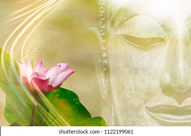 Beautiful of lotus flower and buddha image put together look like art . On the face of buddha has a little smiley. Buddhism in Thailand is popular. The  culture of Thailand involved buddha.