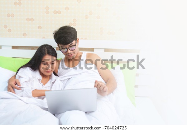 Beautiful Lover Couple Using Computer Laptop Stock Photo Edit Now