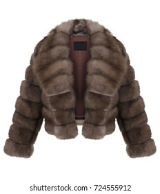 Beautiful Luxurious Female Brown Fur Coat In The Open, On A White Background