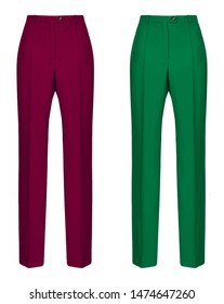 Beautiful Luxurious Female Set, Classic Bright Trousers, Wine Red And Emerald Green, Clipping Path, Ghost Mannequin, Isolated On White Background, Front View