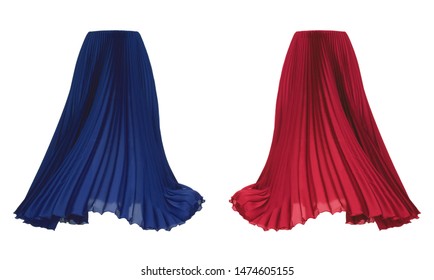 Beautiful luxurious female set, long bright red and dark blue pleated skirt, Fabric Cloth Waving On Wind, clipping, ghost mannequin, isolated on white background, front view