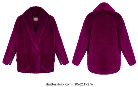 Beautiful Luxurious Short Fur Coat From Natural Fur With Large Pockets, Front And Back View, Bright Color Full Of Crimson Pink, Ghost Mannequin, Clipping, On White Background