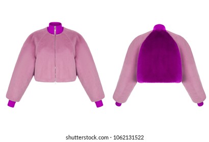 Beautiful Luxurious Short Fur Coat From A Natural Multi-colored Fur, Front And Back View, Bright Color Saturated Bright Crimson Violet Purple And Gently Pink , Ghost Mannequin, Clipping, Isolatedon Wh