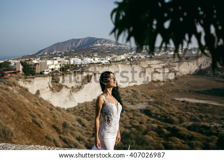 Beautiful luxury bride possing outside