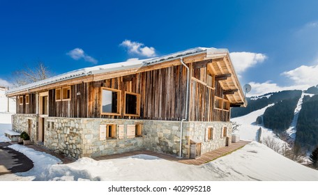 Beautiful Luxury Chalet In French Alps In The Winter With Stunning View Of Ski Slopes,