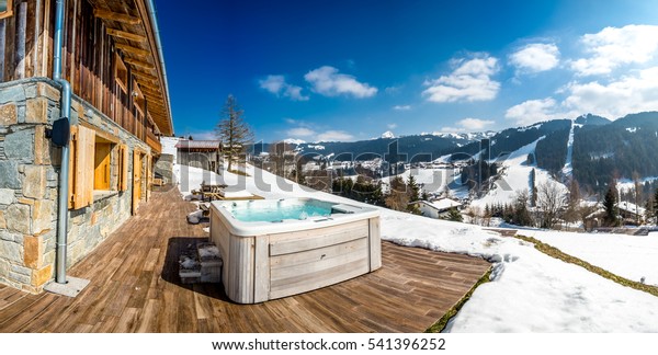Beautiful luxury chalet in French Alps in the\
winter with Jacuzzi.