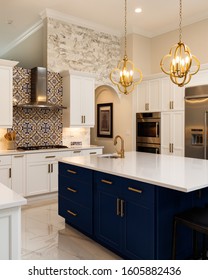 Beautiful Luxury Home Kitchen With White Cabinets.