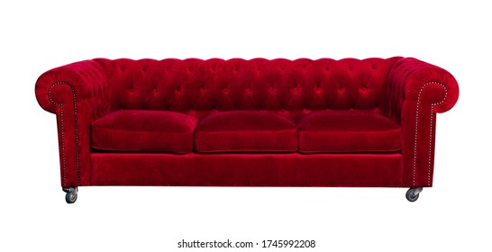 Beautiful Luxury Old And Elegance Classic Vintage Red Velvet Couch On A White Background. 