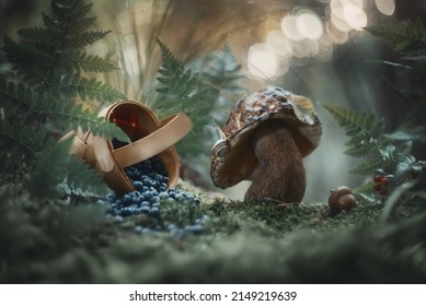 Beautiful macro nature white forest mushroom and macro basket with berries.Blueberries in a basket.Magic scene, mushroom in a magical forest.Enchanted forest on a mysterious natural background.Fantasy