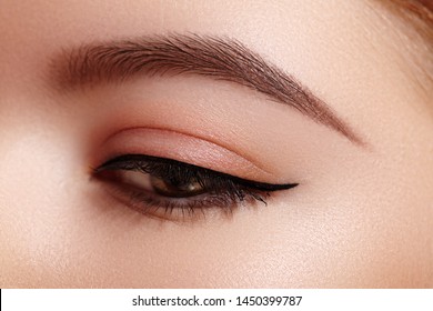 Beautiful macro shot of female eye with classic eyeliner makeup. Perfect shape of eyebrows, brown eyeshadows and long eyelashes. Cosmetics and make-up. Closeup macro shot of fashion liner eyes visage