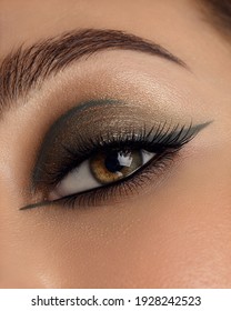 Beautiful macro shot of female eye make-up in smoky eyes style and arrow. Green eye. Creative make-up. Perfect shape make-up and long lashes. Cosmetics. Beautiful eyes make-up. Close-up