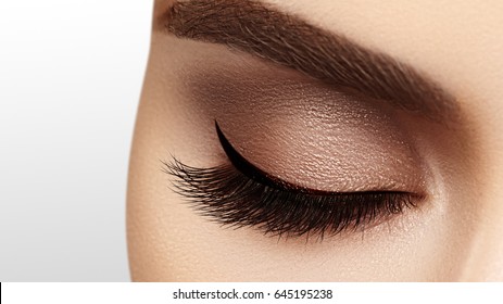 Beautiful macro shot of female eye with extreme long eyelashes and black liner makeup. Perfect shape make-up and long lashes. Cosmetics and make-up. Closeup macro shot of fashion eyes visage