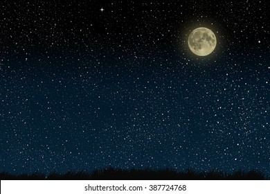 Beautiful magic blue night sky with clouds and fullmoon and stars and grass