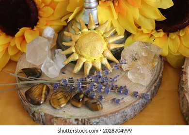 Beautiful And Magical Composition With Sun Symbol And Citrine Stone, Clear Quartz And Lavender For Litha, Lammas Or Lughnasadh Sabbath