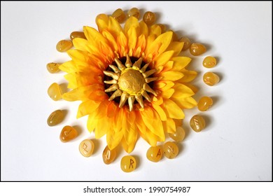 Beautiful And Magical Sunflower With Sun Symbol For Litha, Lammas Or Lughnasadh Wiccan Sabbaths With Golden Runes