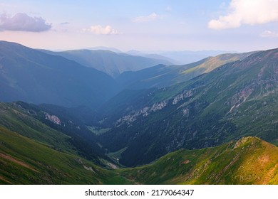 Beautiful Majestic Mountain Wallpaper, Tourist Destination, Hacking. Extraordinary Landscape Of The Fagaras Mountains Romanian. No People. Mountain Green Valley Panoramic Landscape With Big Peaks