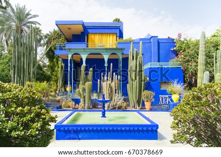 The beautiful Majorelle Garden is a botanical ,tropical garden and artist's landscape garden in Marrakech, Morocco. Le Jardin has a water fountain painted in Majorelle Blue. 