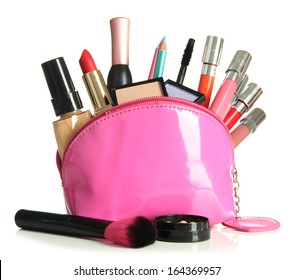 Beautiful Make Up Bag With Cosmetics , Isolated On White