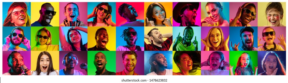 Beautiful male and female portrait on multicolored neon light backgroud. Smiling, surprised, screaming. Human emotions, facial expression. Creative collage made of different photos of 16 models.