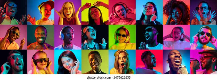 Beautiful male and female portrait on multicolored neon light backgroud. Smiling, surprised, screaming, dance. Human emotions, facial expression. Creative collage made of different photos of 14 models - Shutterstock ID 1478623835