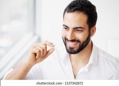 Beautiful Man Taking Pill Medicine Vitamins Stock Photo 1077167714 ...