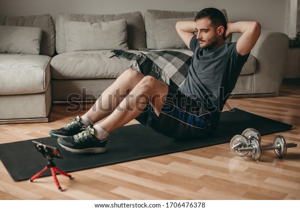 Beautiful Man Watching Doing Exercises Press Stock Photo 1706476378 ...