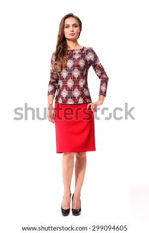 beautiful manager woman in red skirt and printed blouse isolated on white