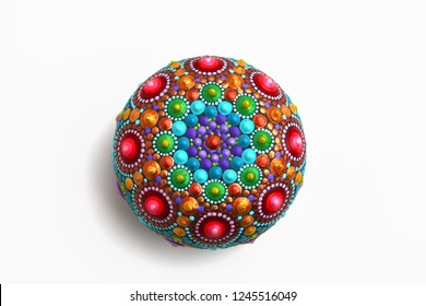 Beautiful Mandala Painted On A Rock , Isolated On White Background