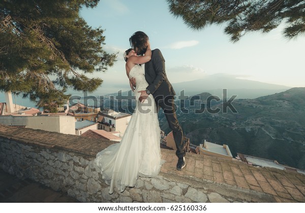 Beautiful Married Couple Wedding Dresses Posing Stock Photo Edit
