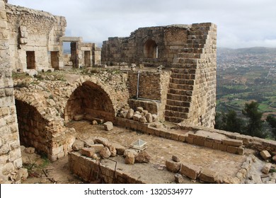 Beautiful massive walls and towers of Ajloun Castle, a 12th-century Muslim hilltop castle in Ajloun, Jordan