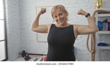 A beautiful, mature, caucasian woman with blonde hair flexes her muscles at a gym, showcasing strength and confidence in an indoor sports center. - Powered by Shutterstock