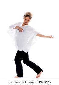 Beautiful Mature Woman Dancing Modern Ballet On Isolated White Background