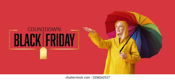 Beautiful Mature Woman In Raincoat And With Umbrella On Red Background. Black Friday Sale