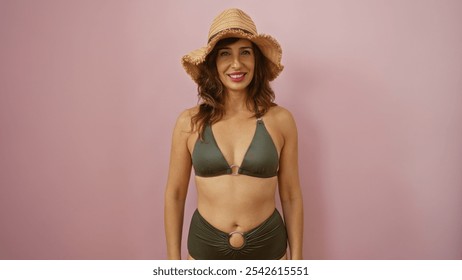 Beautiful mature woman wearing a bikini and a straw hat smiling confidently against a pink isolated background - Powered by Shutterstock