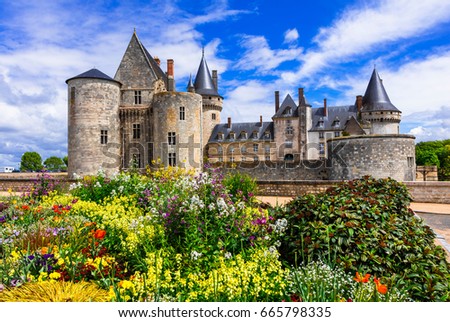 Beautiful medieval castle Sully-sul-Loire. famous Loire valley river, France