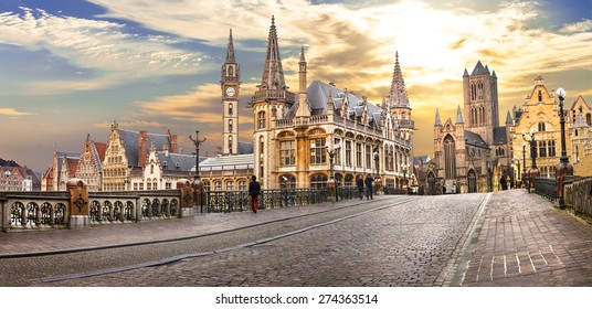 beautiful medieval  Gent (Ghent)  town over sunset. Belgium travel and landmarks