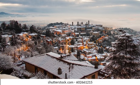 Beautiful medieval town at sunrise whit snow, Bergamo citta alta Lombardy