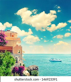 Beautiful Mediterranean Beach Landscape, Provence, French Riviera, France Near Nice And Monaco. Retro Style Picture