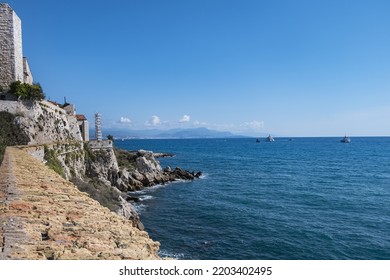 Beautiful Mediterranean Coastline Under Blue Sky In Antibes - City On French Riviera Between Cannes And Nice.