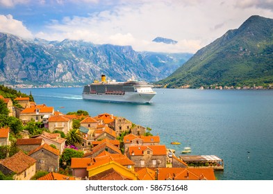 Beautiful Mediterranean Landscape. Cruise Ship Near Town Perast, Kotor Bay (Boka Kotorska), Montenegro.