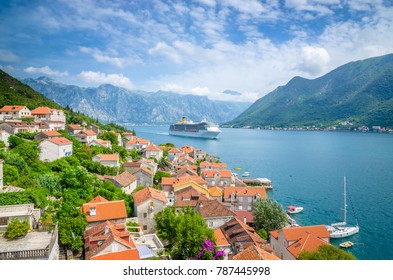 Beautiful Mediterranean Landscape. Cruise Ship Near Town Perast, Kotor Bay (Boka Kotorska), Montenegro.