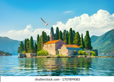 Beautiful mediterranean landscape. St. George Island near town Perast, Kotor bay, Montenegro