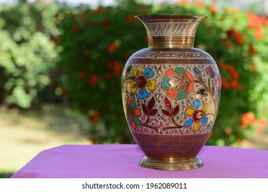 A Beautiful Metal Flower Vase With Colorful Inlay Of Floral Works.