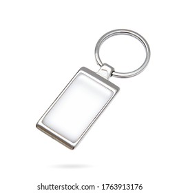 Beautiful metal rectangle keychain with silver key ring and logo placeholder with domed label. Keychain isolated background. Dome label keychain.
